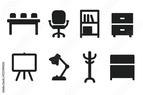 Office Furniture Icons. Solid, filled icon set of office furniture: conference table, swivel chair, bookshelf, cabinet, whiteboard, lamp, coat rack, partition.