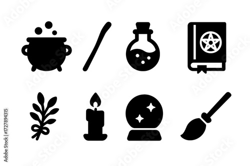 Witchcraft Icon Collection. Solid, filled icon set of witchcraft cauldron tools: cauldron, stirring stick, potion vial, spell book, herbs bundle, candle,