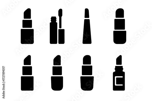 Lipstick Icon Set. Solid, filled icon set of lipstick types: classic lipstick, liquid lipstick, lip gloss, lip balm, matte lipstick, creamy lipstick, tinted