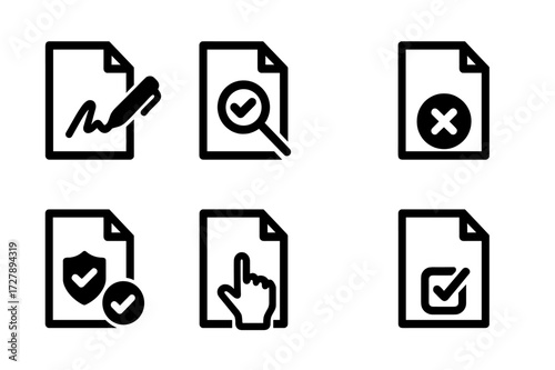 Signature Actions Icons. Solid, filled icon set of signature actions: sign, verify, approve, reject, authenticate, submit, confirm, validate. [Line icons in