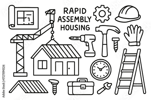 Modular Housing Doodle. Hand-drawn doodle illustration Rapid assembly housing modular unit, crane, gear, hammer, screw, drill, blueprint, helmet, gloves,