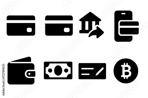 Finance Payment Icons. Solid, filled icon set of finance app payment methods: credit card, debit card, bank transfer, mobile payment, digital wallet, cash,