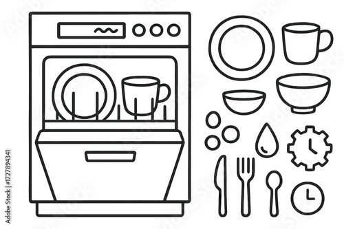 Modern Dishwasher Doodles. Hand-drawn doodle illustration Modern dishwasher dishwasher door, control panel, touch buttons, dish rack, plate, cup, bowl, knife,