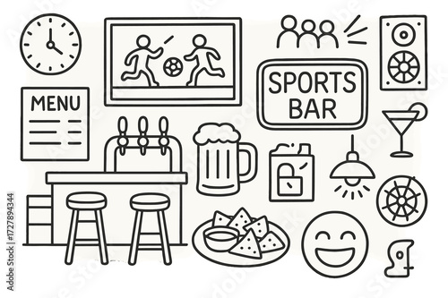 Sports Bar Icons. Hand-drawn doodle illustration [Sports bar night out] [bar counter, beer taps, sports screen, bar stool, menu board, nachos, mug, neon sign,
