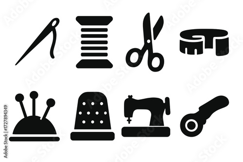 Sewing Tools Icons. Solid, filled icon set of satin sewing tools: sewing needle, thread spool, scissors, measuring tape, pins, thimble, sewing machine, fabric