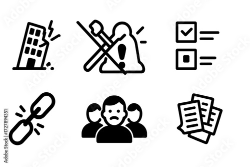 Management Failure Icons. Solid, filled icon set of management failure: collapsing building, crossed tools, red alert, neglected tasks, broken chain, unhappy