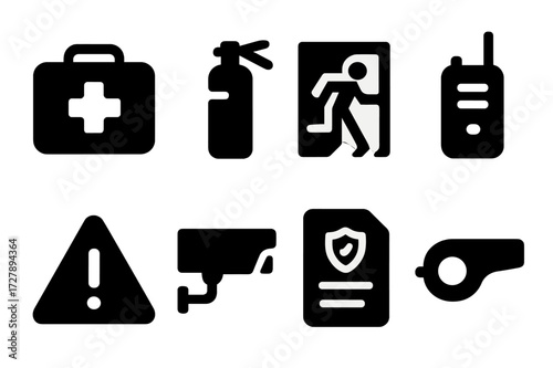 Bouncer Safety Icons. Solid, filled icon set of bouncer safety and protocol: first aid kit, fire extinguisher, emergency exit, communication device, warning