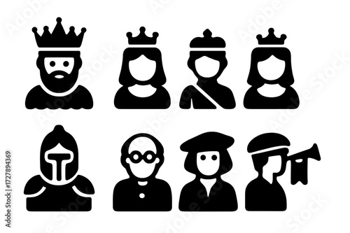 Noble Roles Icons. Solid, filled icon set of noble social roles: king, queen, prince, princess, knight, advisor, courtier, herald. Solid, filled icons in only