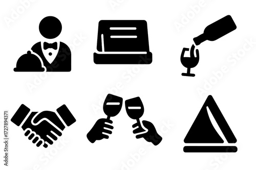Dinner Etiquette Icons. Solid, filled icon set of dinner etiquette: waiter, place card, menu, wine pouring, toast, handshake, applause, napkin folding. Line