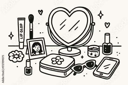 Teen Vanity Essentials. Hand-drawn doodle illustration [teen vanity setup] [heart-shaped mirror, lip gloss, brush, makeup case, glitter pot, sunglasses, mobile