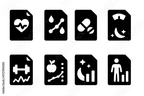 Health Chart Icons. Solid, filled icon set of health charts: patient vitals, symptom tracker, medication schedule, weight chart, exercise log, diet plan, sleep