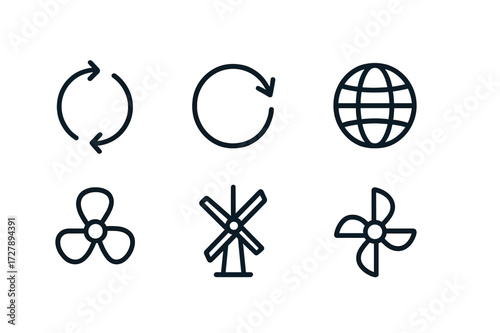 Rotating Icons Outline. Outline icon set of rotation: circular arrows, refresh icon, spinning gear, rotating globe, fan blades, windmill, clock