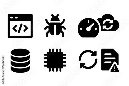 Software Performance Icons. Solid, filled icon set of software performance: code window, bug, speedometer, cloud sync, database, memory chip, update arrow,