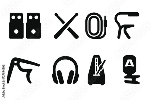 Music Session Icons. Solid, filled icon set of session accessories: guitar pedals, drumsticks, microphone cable, music stand light, capo, headphones,