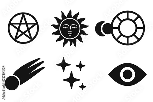 Celestial Icon Set. Solid, filled icon set of celestial occult: pentagram, sun face, moon phase, eclipse, astrological wheel, comet tail, star cluster, cosmic