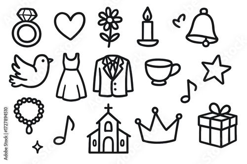 Wedding Symbols Doodle. Hand-drawn doodle illustration wedding ceremony ring, heart, flower, candle, bell, dove, dress, suit, cup, star, necklace, church,