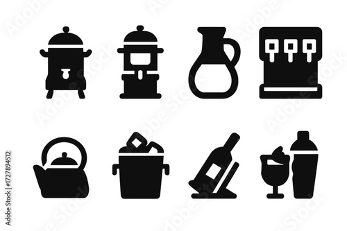 Buffet Beverage Icons. Solid, filled icon set of buffet beverages: coffee urn, juice dispenser, water carafe, soda fountain, tea kettle, ice bucket, wine