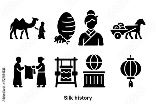 Silk History Icons. Solid, filled icon set of silk history: silk route, ancient silk, Chinese silk, silk trade, silk merchants, silk weaving, silk export, silk