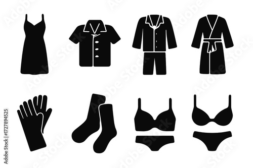 Silk Clothing Icons. Solid, filled icon set of silk clothing: silk gown, silk shirt, silk pajamas, silk robe, silk jacket, silk gloves, silk socks, silk