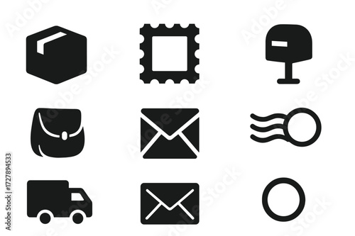Postal Logistics Icons. Solid, filled icon set of postal logistics: parcel, postage stamp, mailbox, letter, postman bag, courier truck, envelope, postmark.