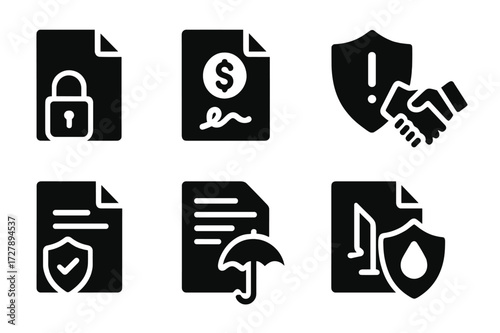 Agreement Clause Icons. Solid, filled icon set of agreement clauses: confidentiality, payment terms, liability, dispute resolution, termination, warranty,