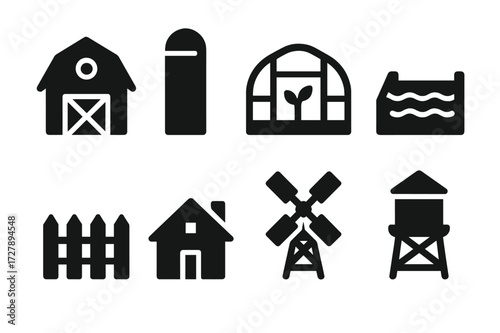 Farming Infrastructure Icons. Solid, filled icon set of farming infrastructure: barn, silo, greenhouse, irrigation canal, fence, farm house, windmill, water