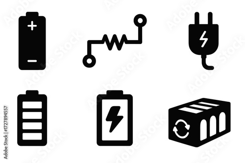 Cobalt Battery Icons. Solid, filled icon set of cobalt battery components: battery cell, electric circuit, power plug, charger, battery gauge,
