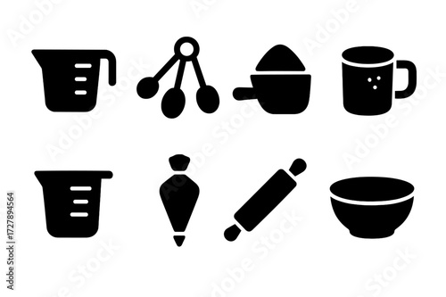 Baking Tools Icons. Solid, filled icon set of baking measurement items: measuring cup, measuring spoons, flour scoop, sugar cup, liquid measuring cup, pastry