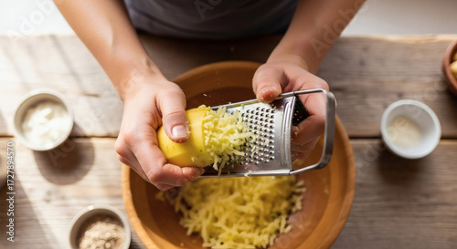 Authentic Cepelinai Making, Hands Grating Potato in Rustic Kitchen
