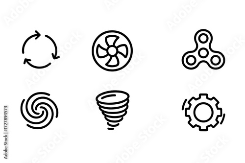 Spin Motion Icons. Outline icon set of spin motion: arrows in circle, rotating wheels, spinning top, fidget spinner, swirling vortex, cyclone, whirlwind,