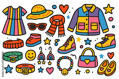 Colorful Fashion Doodles. Bold statement pieces. Colorful Hand-drawn doodle Children illustration Dress, jacket, hat, scarf, shoes, sunglasses, bag, belt,
