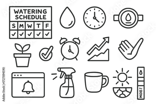 Weekly Watering Planner. Hand-drawn doodle illustration [Watering schedules] weekly calendar, water droplet, clock, water meter, checkmark, plant pot, alarm