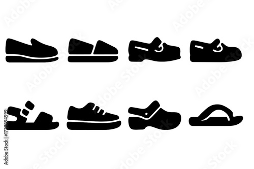 Casual Shoes Icon Set. Solid, filled icon set of casual shoes: slip-ons, espadrilles, moccasins, boat shoes, sandals, canvas shoes, clogs, flip-flops. Solid,