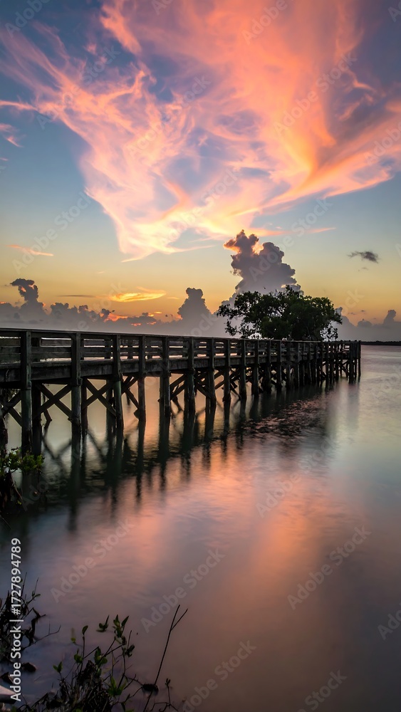 Obraz premium Sunrise over wooden dock reflecting on calm water