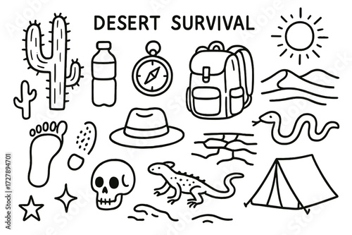 Desert Survival Essentials. Hand-drawn doodle illustration Desert Survival [cactus, water bottle, compass, backpack, hat, footprint, sun, sand dune, cracked