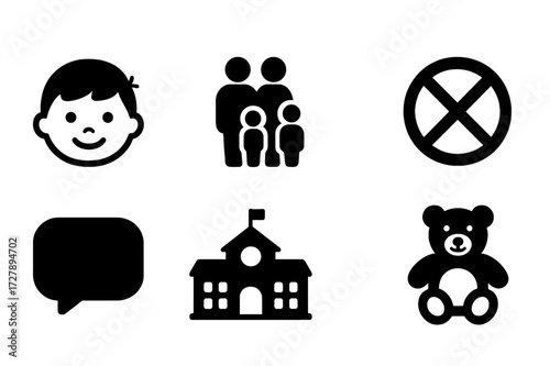 Kids and Family Icons. Solid, filled icon set of kids and family friendly: smiling child, family group, no swearing sign, cartoon speech bubble, school