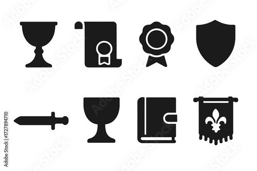 Noble Artifacts Icons. Solid, filled icon set of noble artifacts: chalice, scroll, seal, shield, sword, goblet, book, tapestry. Solid, filled icons in only