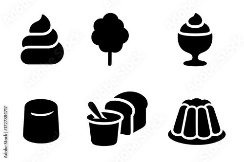 Softness Food Icons. Solid, filled icon set of softness in food: whipped cream, cotton candy, sponge cake, mousse, marshmallow, yogurt, soft bread, jelly.