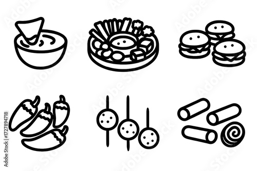 Party Side Dishes Icons. Solid, filled icon set of party side dishes: chips and dip, veggie platter, cheese cubes, mini sandwiches, stuffed