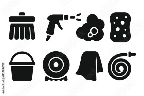 Car Wash Icons. Solid, filled icon set of vehicle scrubbing: car wash brush, water spray, soap suds, sponge, bucket, tire scrubber, drying cloth, hose. [Line