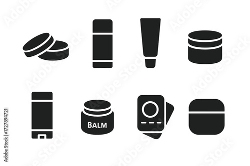 Pocket Balm Icons. Solid, filled icon set of pocket balm packaging: small tin, twist-up tube, squeeze tube, pot container, stick container, jar, blister pack,