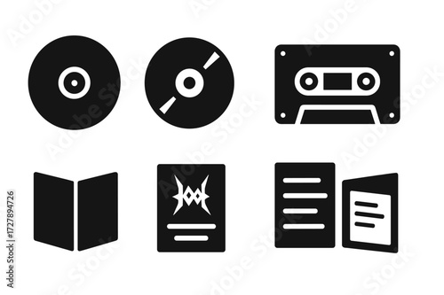 Metal Album Icons. Solid, filled icon set of metal album elements: vinyl record, CD, cassette tape, album cover, band logo, booklet, tour poster, setlist.