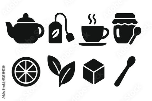 Herbal Tea Icon Set. Solid, filled icon set of herbal infusion: teapot, tea bag, steaming cup, honey jar, lemon slice, herbal leaves, sugar cube, stirring