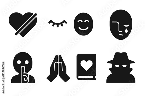 Hidden Emotions Icons. Solid, filled icon set of hidden emotions: concealed heart, closed eyes, masked smile, silent lips, folded hands, shadowed face, secret