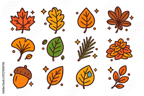 Colorful Autumn Icons. Autumn vibes. Colorful isometric vector icons set of Autumn vibes: red maple leaf, yellow oak leaf, orange birch leaf, brown chestnut