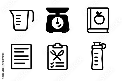 Nutrition Tools Icons. Solid, filled icon set of nutrition tools: measuring cup, kitchen scale, calorie counter, food diary, nutrition label, meal planner,