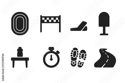 Running Icon Set. Solid, filled icon set of running route elements: running track, finish line, starting block, mile marker, water station, stopwatch, sneakers