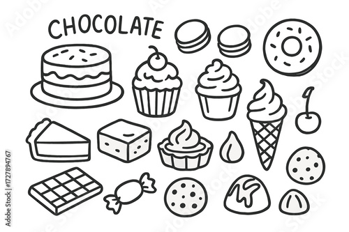 Sweet Treats Doodles. Hand-drawn doodle illustration Chocolate treats, chocolate cake, cupcake, macarons, ice cream cone, donut, pie slice, brownie, tart,