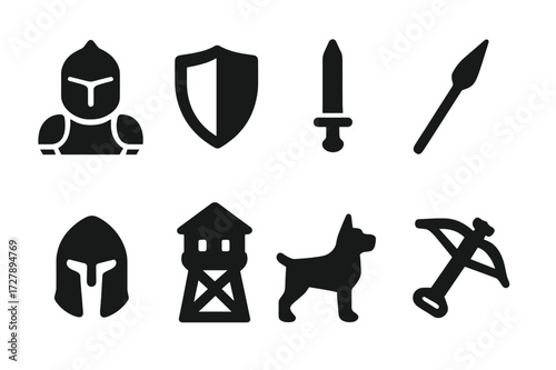 Court Protection Icons. Solid, filled icon set of court guards and protection: armored knight, shield, sword, spear, helmet, watchtower, guard dog, crossbow.