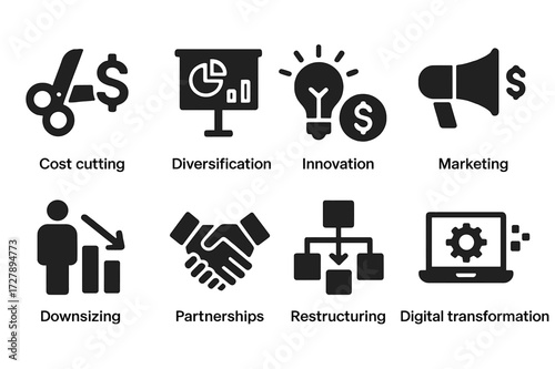 Recession Strategy Icons. Solid, filled icon set of recession business strategies: cost cutting, diversification, innovation, marketing, downsizing,